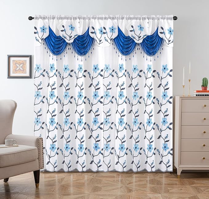 Petrichor Embroidered Sheer Curtain 2 Panels Set - Luxury Window Curtain Attached Valance with Satin Backing and 2 Tie Backs for Living Room,Dining Room, 54x63 inches, Navy