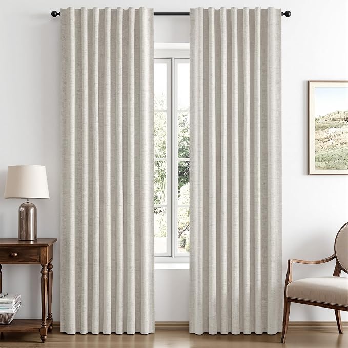 MIULEE 100% Blackout Linen Curtains for Bedroom, Cream White Solid Luxury Decor Thermal Insulation Room Darkening Drapes for Living Room Back Tab Rod Pocket 42 x 84 Inches, 2 Panels