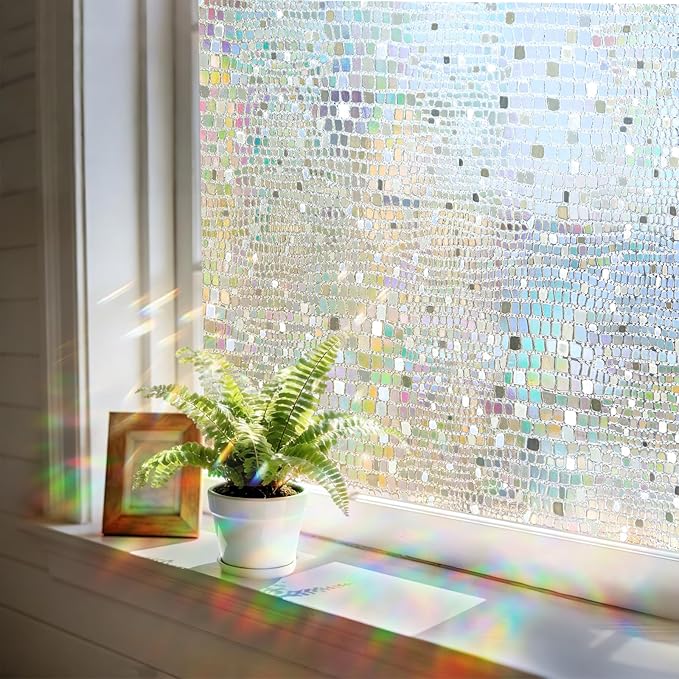 Windimiley Window Privacy Film 3D Rainbow Static Clings Bathroom Stained Glass Decorative Window Sticker Prism Holographic Decals Sun Blocking Non-Adhesive Door Covering,17.5x78.7In, Pure