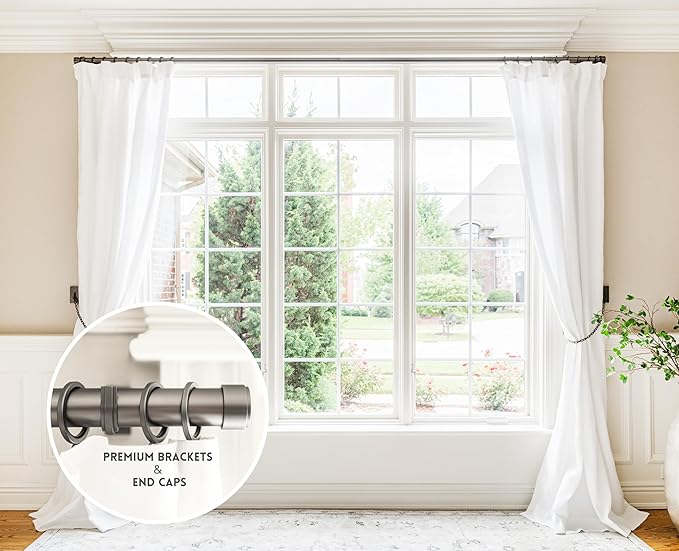 BlastHome® Non-Adjustable Luxury Curtain Rods for Windows, 1 ¼” Rod Set, 7 foot Fixed Length (Two Rods Connect for a Seamless Look), Matte Graphite