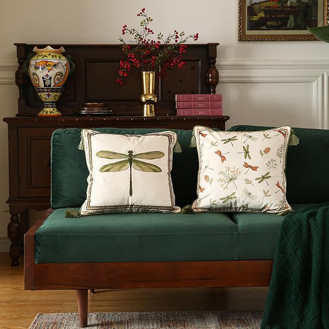 ISAENNE Designer Velvet Throw Pillow Covers,18"x18" Set of 2-Grace B | Pillow Cover,Concealed Zipper Design,Dragonfly Pattern,Sofas,Bedroom,Living Room,Lounge Chairs,All Season Home Decor