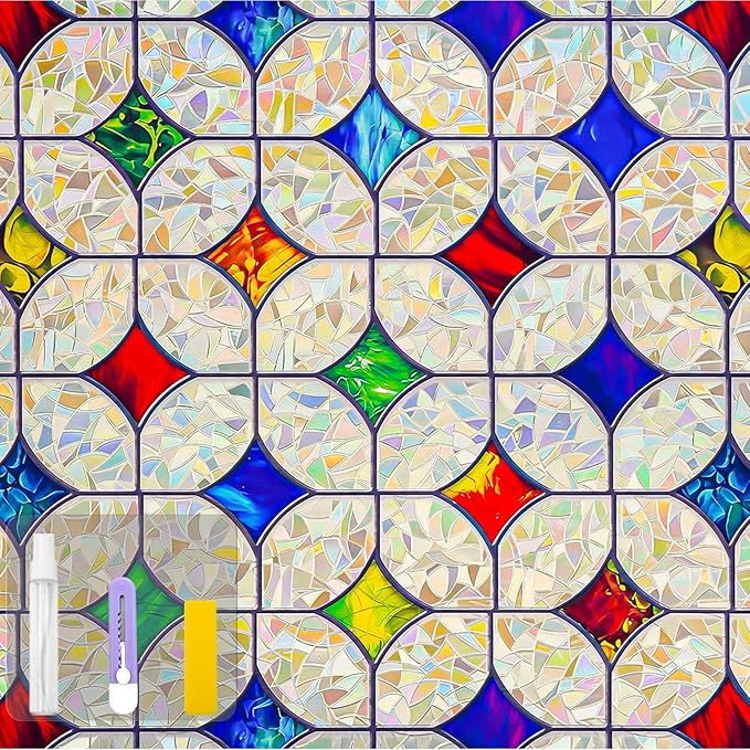 QHY Sunshine Colorful Rainbow Stained Glass Window Film Non-Adhesive Window Privacy Film Reusable Decorative for Room (Rainbow Mosaic, 23.6 x 78.7 in)