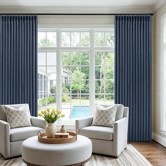 Navy Blue 84 Inch Pinch Pleated Blackout Textured Linen Curtains for Bedroom 2 Panels Memory Trained 100% Black Out Room Darkening Window Curtains Double Layer Pinch Pleat Drapes