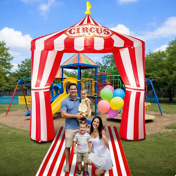 10ft Carnival Circus Tent Party Decorations, Red and White Striped Inflatable Arch with Build in LED Lights, Blow Up Tent and Floor Runner for Circus Carnival Halloween Birthday Party Decorations
