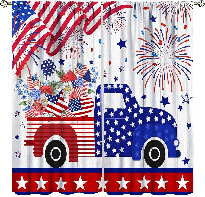 4th of July Curtain,American Flag Red Truck Independence Day Drapes for Bedroom Living Room Kitchen Window Treatment 2 Panels Set Total Size 42" W X 63" L Inch