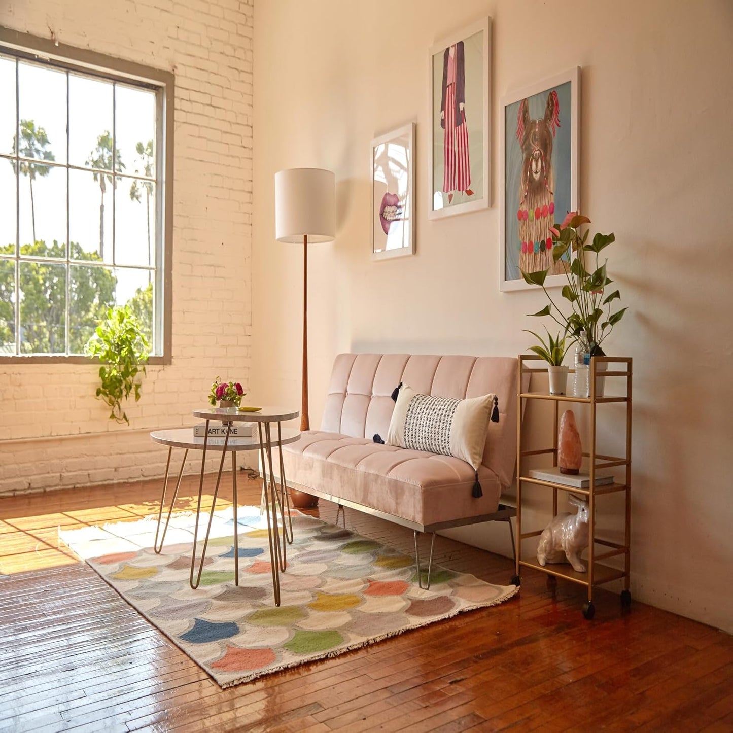 GLOBE Electric Novogratz x Harrington 65" Floor Lamp, 2-Tone Faux Wood Base, White Fabric Shade, Socket Rotary Switch 67225