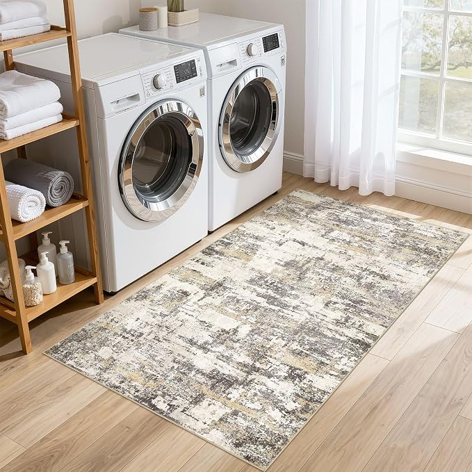 Hallway Washable Runner Rug: 3x5 Abstract Modern Soft Stain Resistant Non-Slip Backing Runner for for Entryway Kitchen Laundry Living Bathroom - Gold Brown
