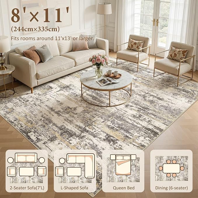 Area Rugs for Living Room: 8x11 Abstract Washable Rug Modern Neutral Large Soft Stain Resistant Non-Slip Backing Machine Table for Bedroom Dining Room Indoor Home Office Carpet - Gold Brown