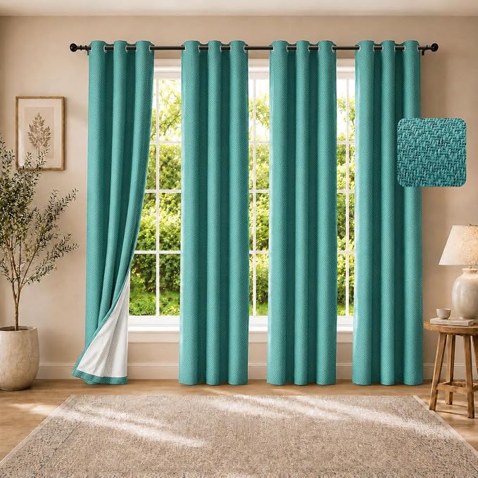 4 Panels 100% Blackout Linen-Textured Curtains, Thick Thermal Insulated Grommet Drapes with Subtle Herringbone Weave, Luxury Decor for Bedroom/Living Room, 37 x 84 Inches, Teal