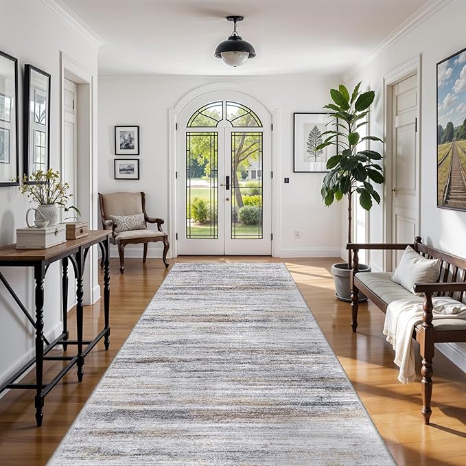 Large Runner Rugs for Hallway 4x20: Non-Slip Washable Wide Carpet - Soft Low-Pile Stain and Spill Resistant Rug for Entryway Living Room Dining Room Balcony Garage Office Beige Grey