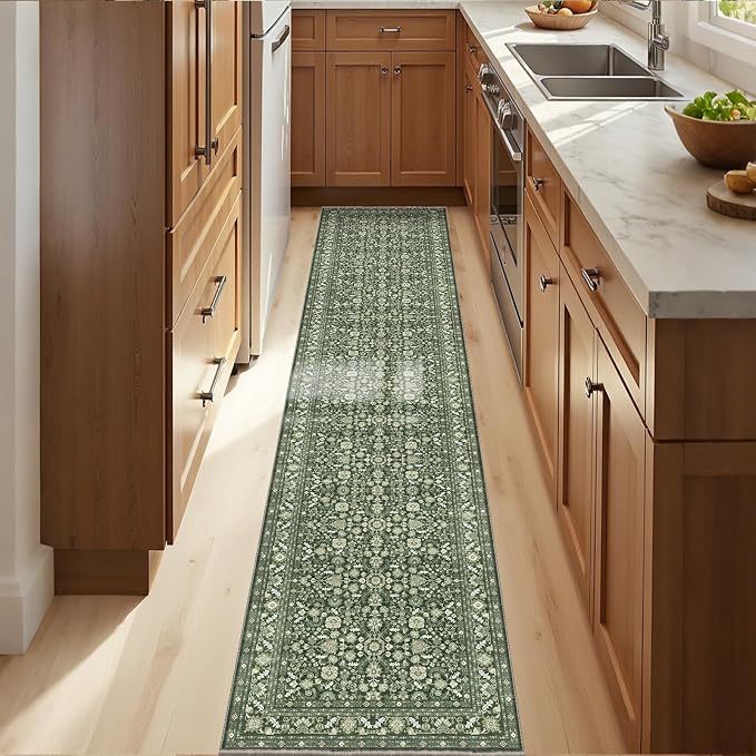 OPPODREAM Low-Pile Area Rugs, Faux Wool Carpet for Living Room, Kitchen, Office, Dorm, Bedroom, Vintage Washable Rug Non Slip, Dark Green, 2'x12'