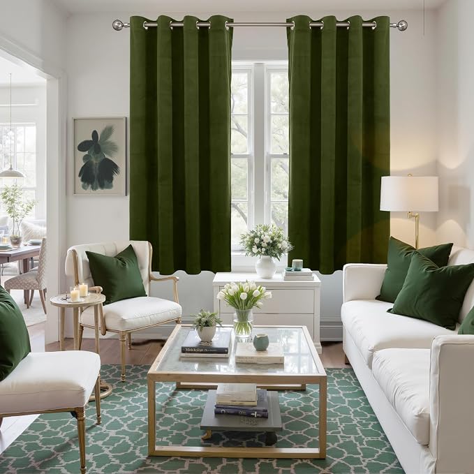 YoungsTex Olive Green Velvet Curtains 63 Inches Length for Living Room, Grommet Thermal Insulated Window Drapes Privacy for Bedroom, 2 Panels, 52 X 63 Inch