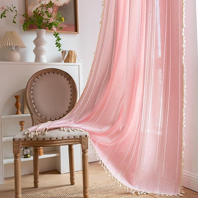 RoomTalks Cute Pink Textured Curtains for Girls Bedroom Nursery 84 Inches Length 2 Panels Light Filtering Boho Chic Tassel Window Curtain Panels Modern Farmhouse Draperies