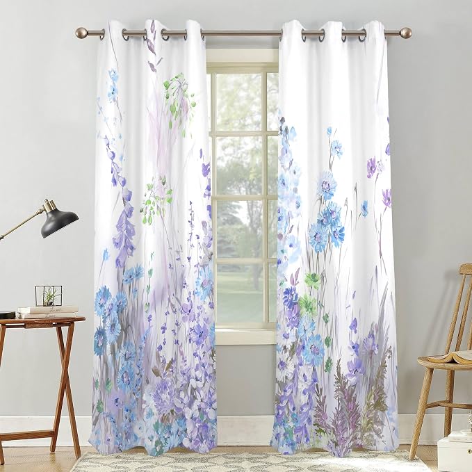 Renaiss Purples Blue Floral Print Blackout Curtains, Pastel Wild Flowers Thermal Insulated Bedroom Window Curtains, Spring Floral Art Window Drapes for Living Room, 96" L x 53" W 2 Panel Set
