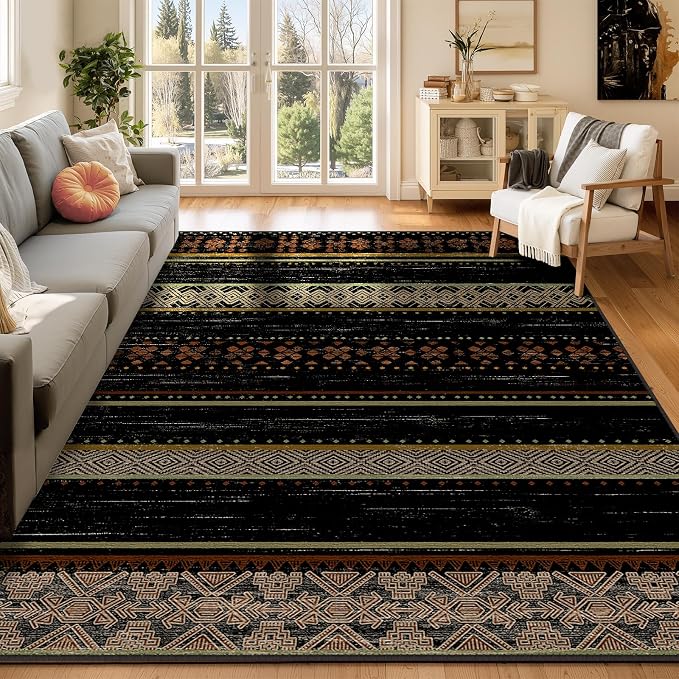 BESTSWEETIE 9x12 Area Rugs for Living Room Washable Moroccan Farmhouse Neutral Geometric Low Pile Non-Slip Soft Print Pattern Rug for Bedroom Kitchen Dining Room Entryway Black/Red/Brown/Cream/Yellow