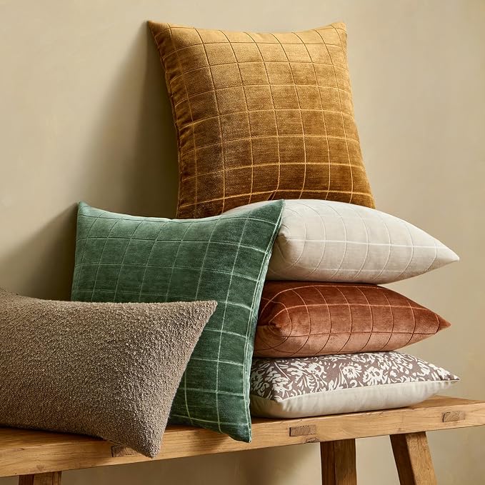 MIULEE Moss Green Plaid Decorative Throw Pillow Covers 18x18 Set of 2 | Vintage Check Chenille Couch Pillows Neutral Boho Farmhouse Cushion Covers Modern Home Decor for Sofa Bed Living Room