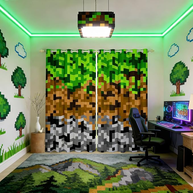 Miners Pixelated Games Window Curtain,Green Brown Grey Plaid Blackout Window Treatment ,Teens Woman Men Geometric Block Bedroom Curtains Modern Video Games Living Room Decor Top 2 Panels,52Wx90L