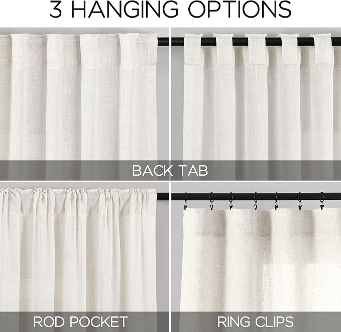 Nanspring Beige White Linen Curtains for Living Room 78 Inches Long Back Tab and Rod Pocket Light Filtering Semi Sheer Curtain Rustic Farmhouse Decor Luxury Drapes for Bedroom Office 52x78, 2 Panels