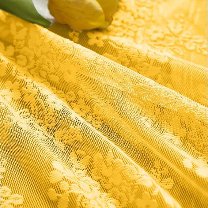 YJ YANJUN Vintage Lace Curtains 36 Inch Length- Victorian Floral 70s Mustard Yellow Short Kitchen Curtains for Bedroom Bathroom Small Window Coffee Cabinet Rod Pocket Gold 2 Panels W26 x L36 Inch