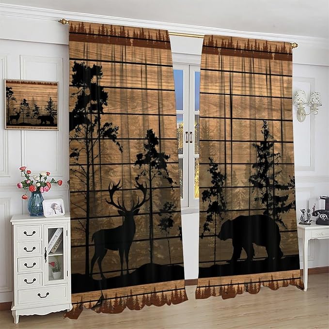 Farmhouse Forest Cabin Blackout Curtains for Kitchen Rustic Wooden Country Vintage Bear Deer Rustic Cabin Window Treatments for Farmhouse Bedroom Living Room 52x84in