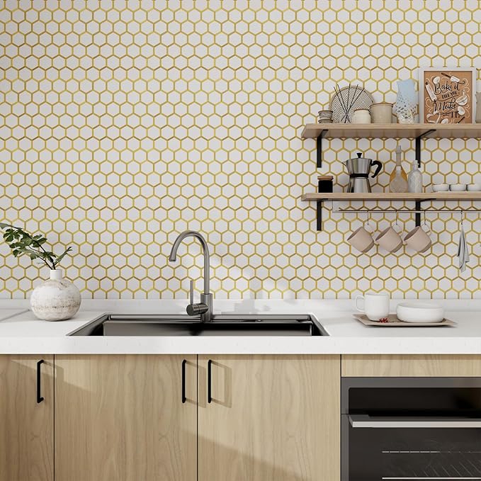 10-Sheet Hexagon Peel and Stick Backsplash Tile Polished White Tile Look Mixed Gold Kitchen Backsplash Peel and Stick Wall Tiles