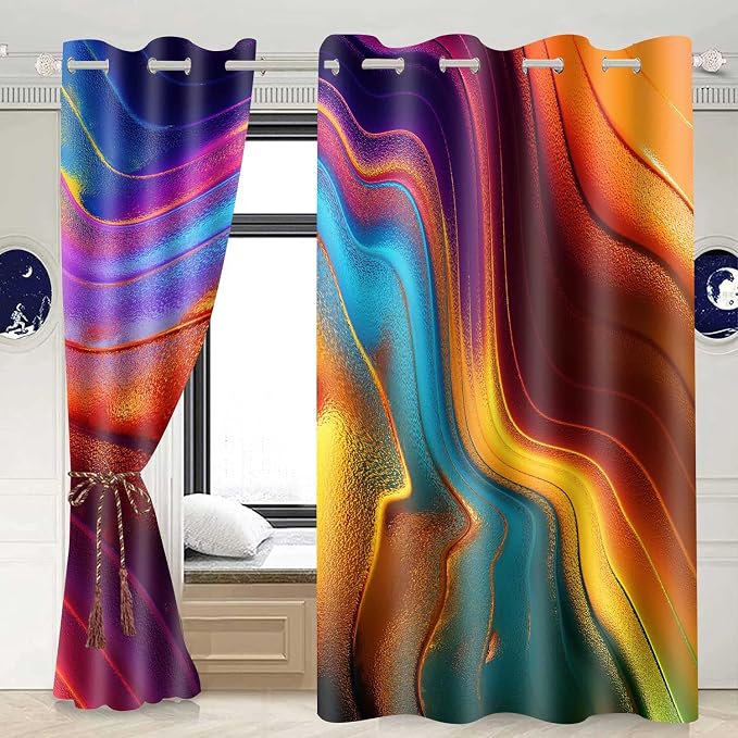 Colourful Fluid Curtains Modern Art Theme Abstract Blackout Drapes Nordic Design Stained Rainbow Glass Fluid Window Drapes for Bedroom Living Room Guest Room 2Panel 42x84inch CLOKMS0181
