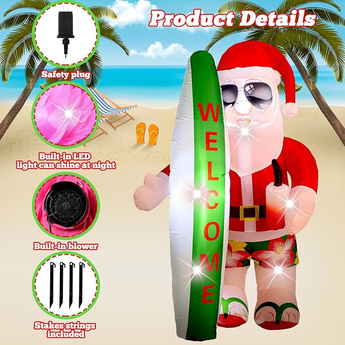 VIHOSE 5.4 Ft Christmas Inflatable Decorations Hawaiian Tropical Santa Claus on Beach Blow Up Yard Decor Build in Led Lights for Indoor Outdoor Garden Lawn Holiday Party