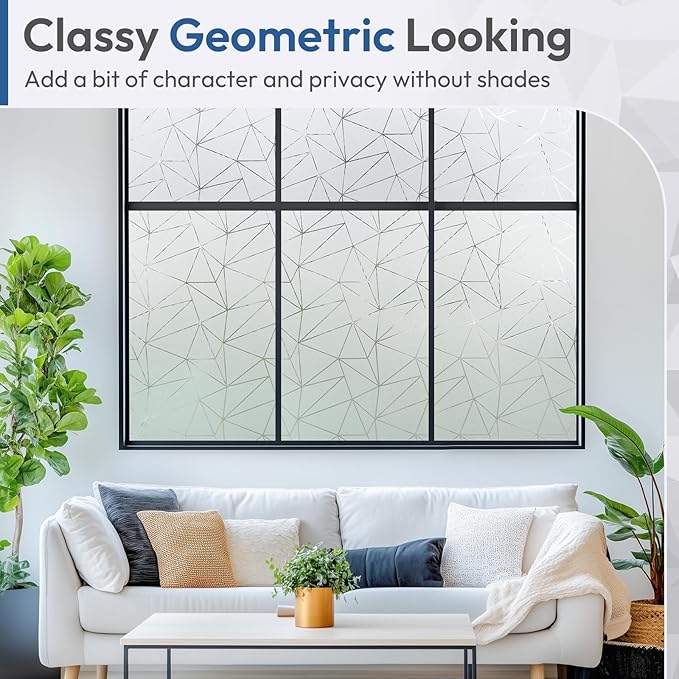 rabbitgoo Window Privacy Film with Decorative Triangle Pattern, Non-Adhesive Frosted Glass Window Film for Bathroom, UV Blocking Vinyl Sticker for Glass Door Covering, 23.6 x 78.7 Inches