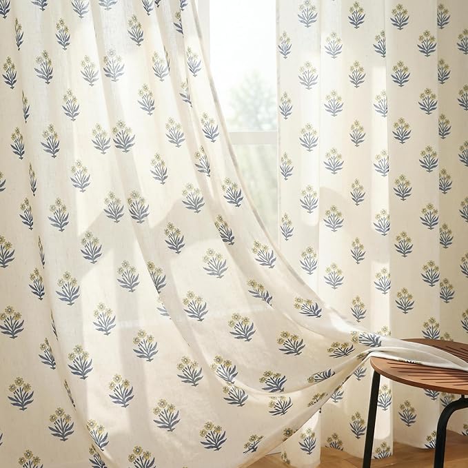 Cute Curtains for Bedroom Kids Playroom,Custom Made Designer Bright Bold Funky Floral Folk Art Sheer Navy Blue and Green Boho Mustard Yellow Kitchen Curtains 63 Inch Length Window Treatments
