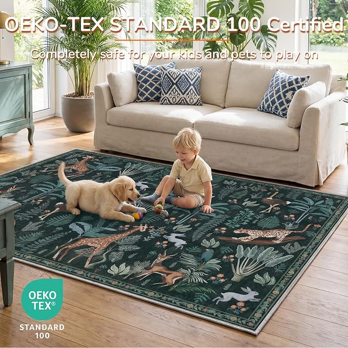 OPPODREAM Animal Soft Area Rugs 5x7, Washable Black Rug with Non Slip Backing, 5 x 7 Faux Cashmere Low-Pile 5x7 Carpet