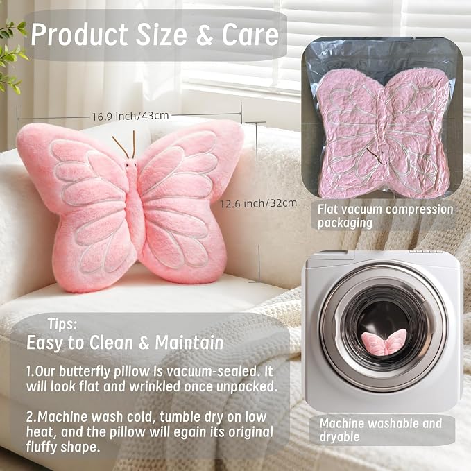 Pink Butterfly Shaped Pillow 16.9" Plush Cute Decorative Throw Pillows | Soft Hugging Pillows, Comfort Seat Cushions, Aesthetics Girls Room Bedroom Decor, Throw Pillows for Couch Bed Dorm Chair Sofa