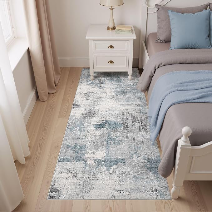 Abstract 2x6 Runner Rug: Machine Washable Non Slip Ultra Thin Low-Pile Carpet, Soft Stain Resistant for Hallway Kitchen Bathroom, Kid Pet Friendly, Robot Vacuum Compatible - Grey Blue