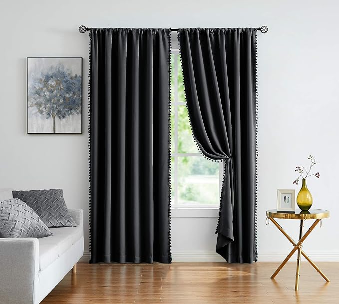 Treatmentex Black Pompom Curtains for Bedroom Living Room 95 inch Triple Weave Full Blackout Window Curtain Panels for Hotel Men's Guest Room Drapes 52" w x2 Panels Rod Pocket