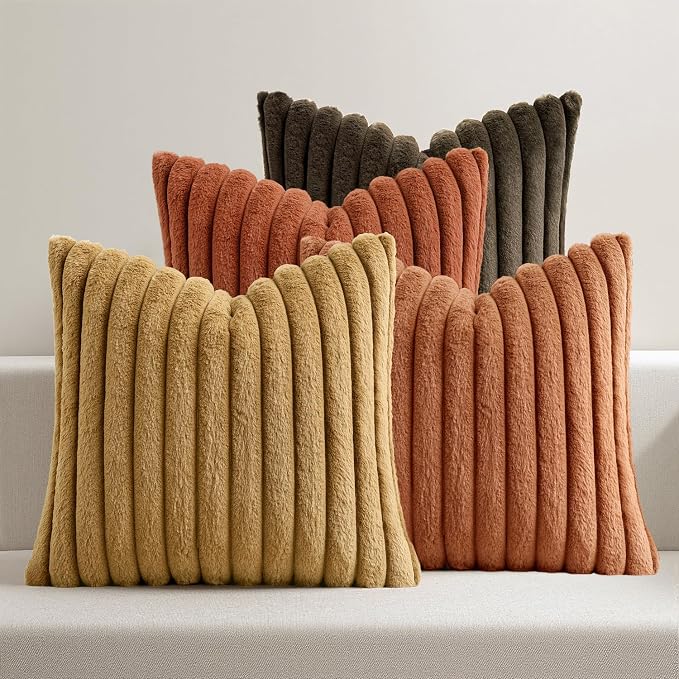 MIULEE Fall Faux Fur Plush Decorative Throw Pillow Covers 18x18 Set of 4, Boho Farmhouse Soft Fuzzy Striped Cushion Covers for Sofa Couch Bed Living Room Vintage Home Decor,Rust Orange
