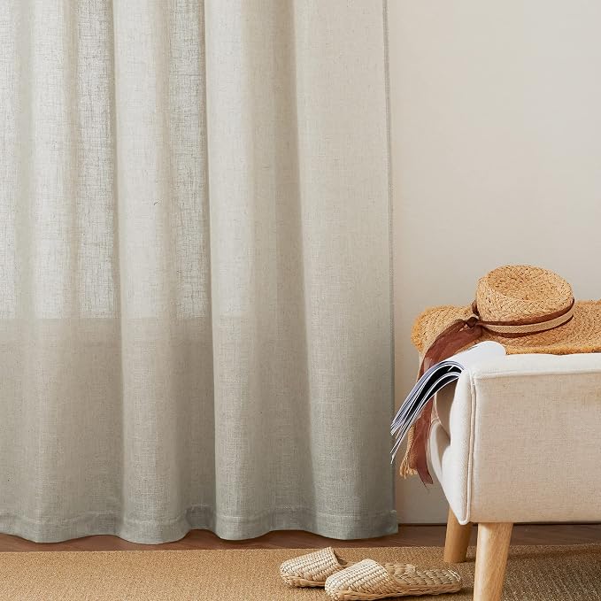 RYB HOME Sheer Curtains 63 inches - Solid Linen Texture Window Shades, Back Tab Hanging Light Airy Privacy Sheer for Bedroom Living Room Cafe, Angora, W 52 x L 63 Long, 1 Pair