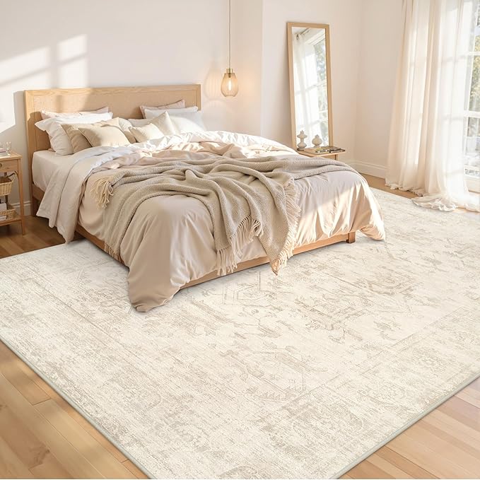 10x14 Area Rug for Living Room: Vintage Boho Neutral Washable Rug Indoor Soft Large Area Rug Carpet for Bedroom Nursery Farmhouse Dining Room Office Floor Non-Slip Low Pile Under Table Rug Beige/Brown