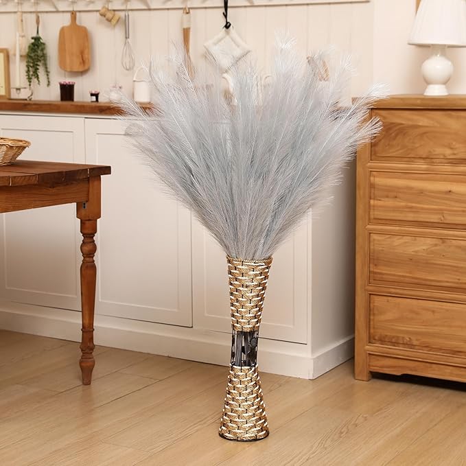 Wertuirk Silver Pampas Grass Decor, 8 Pcs 45 Inch Tall Large Faux Pompous Grass, Long Artificial Flowers for Floor Vases, Wedding Centerpieces, Baby Shower and Home Decoration (Silver)