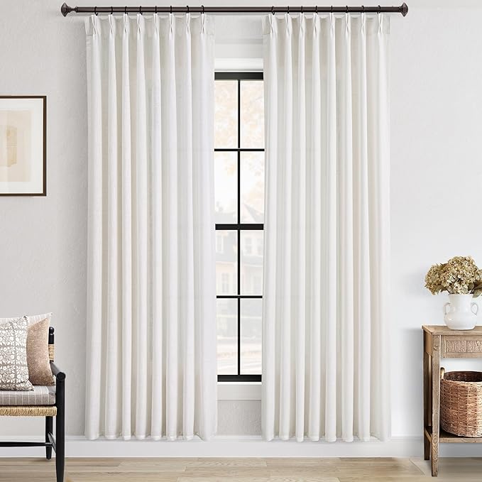 Pinch Pleated Linen Curtains 80 inches Long for Living Room Memory Training Shaped Natural Cream Light Filtering Semi Sheer Curtains 80 inch Length 2 Panel Set Modern Farmhouse Pinch Pleat Drapes