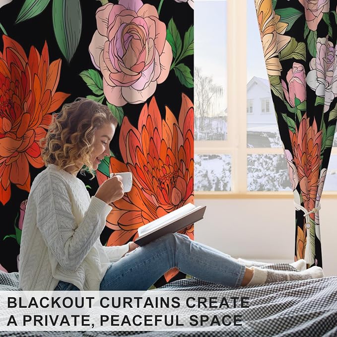 Boho Blackout Curtains 84 Inches Long 2 Panels Set with Curtain Tiebacks, Spring Thermal Insulated Soundproof Grommet Darkening Drapes, Vintage Floral Pattern Blackout Curtains for Bedroom Living Room