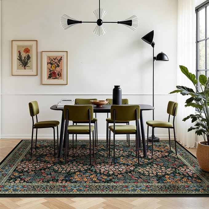6x9 Area Rugs, Washable Floral Area Rugs for Living Room, Indoor Area Rug for Bedroom, Dining Room, Low Pile Non-Slip Non Shedding Rug(Black Floral)