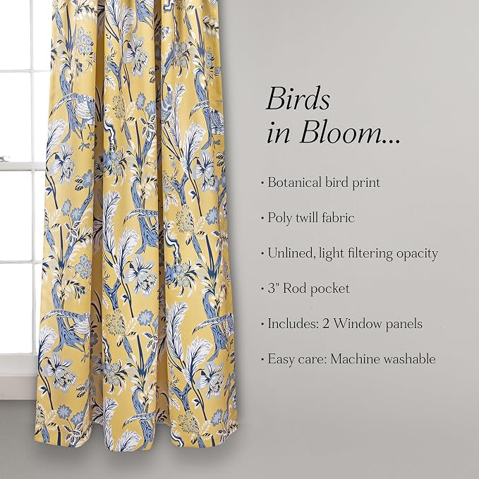 Lush Decor Dolores Light Filtering Window Panels, Pair, 52" W x 63" L, Yellow - Floral Curtains for Bedroom - Vintage Curtains - Coquette Room Decor