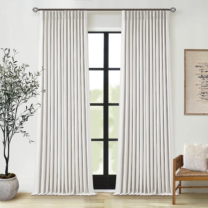 TWODRAPES 90 Inch Linen Blackout Curtains Pinch Pleated for Living Room Thermal Noise Reduction Two Layer 100% Black Out Curtains with Liner Back Tab Pinch Pleat Rings Hooks Window Drapes Track Ivory
