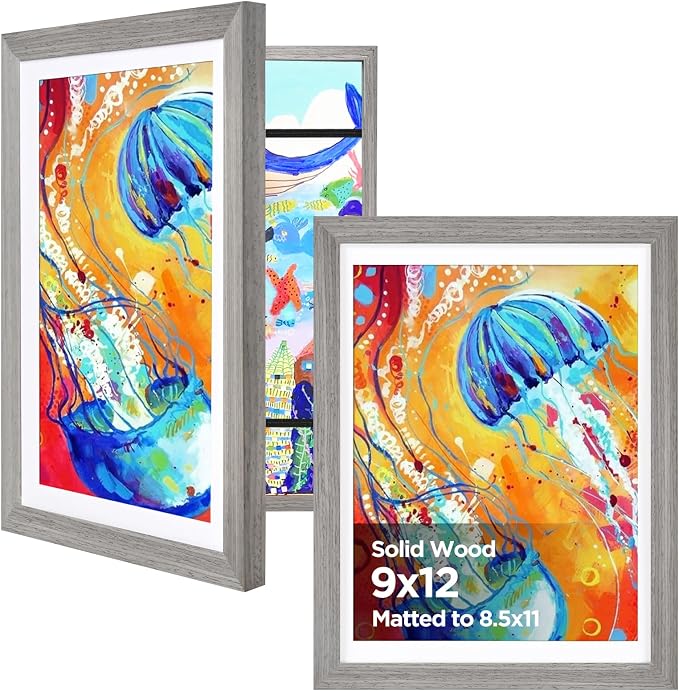 KINLINK 9x12 Kids Art Frame 2 Pack, Solid Wood Artwork Frames Changeable, Front Opening Hold 150 Pictures, Art Frames for Kids Artwork, 8.5x11 with Mat 9x12 without Mat, Picture Frames Grey