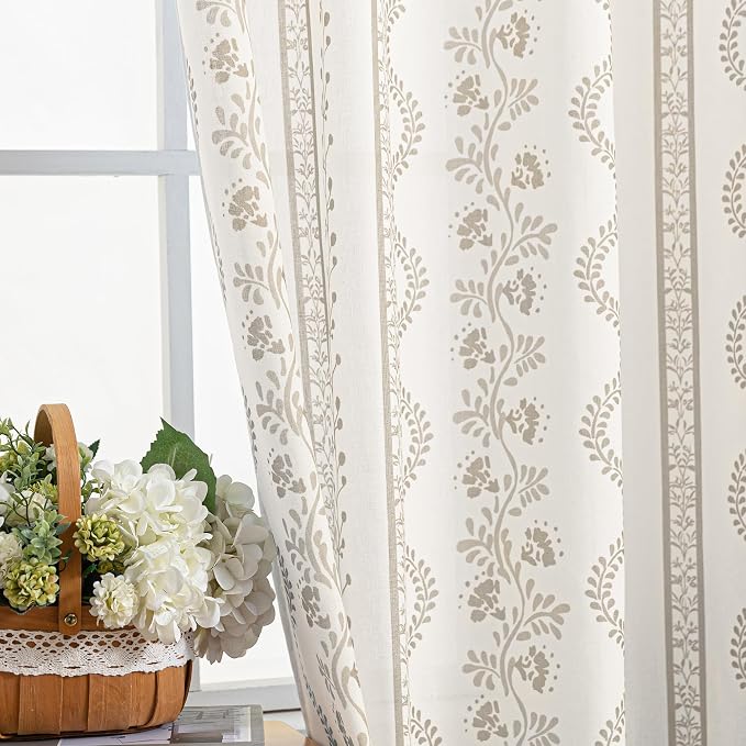 Taupe Vintage Floral Linen Curtains, Boho Light Filtering Semi Sheer Drapes for Living Room Bedroom 63 Inch Length 2 Panel Set