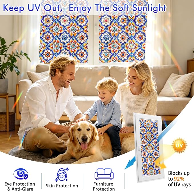 SOMWISE Rainbow Window Privacy Film,Heat Control,UV Blocking,Anti-Glare,Day & Night Privacy Protection & Decoration for Home, Bathroom,Glass Door,Static Cling,Renter-Friendly with Installation Tools