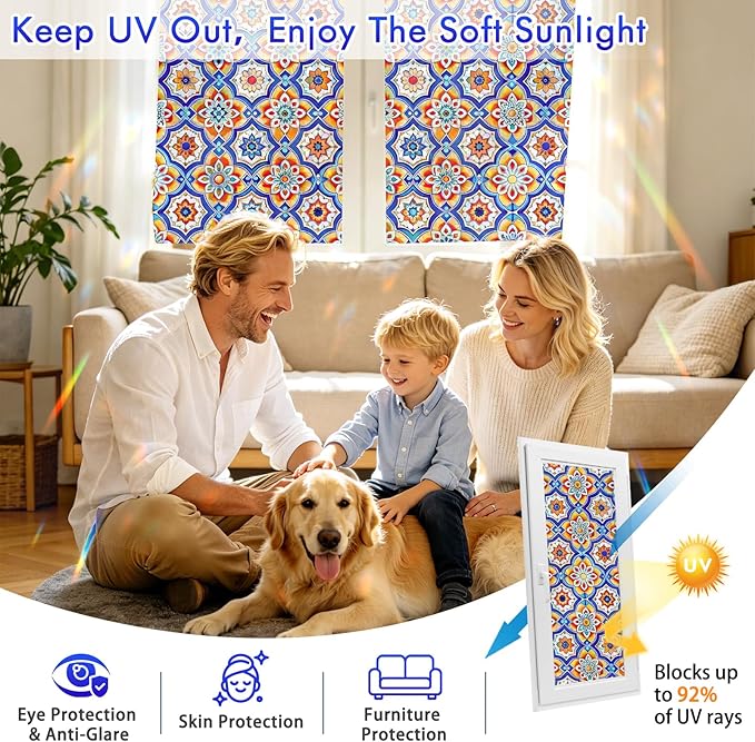 SOMWISE Rainbow Window Privacy Film,Heat Control,UV Blocking,Anti-Glare,Day & Night Privacy Protection & Decoration for Home, Bathroom,Glass Door,Static Cling,Renter-Friendly with Installation Tools