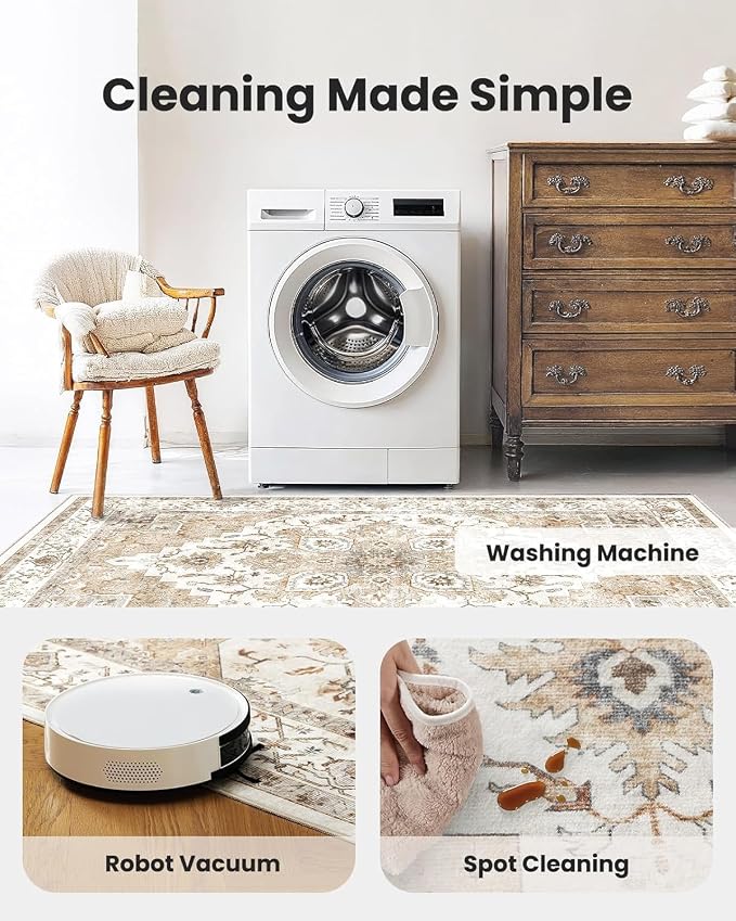 AMADA HOMEFURNISHING 6x9 Area Rugs, Beige Washable Rug Low-Profile with Non-Slip Backing & Durable Edge Binding, Vintage Rugs for Living Room, Bedroom, Dinning Room