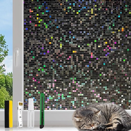 KESPEN Blackout Window Privacy Film, Mosaic Rainbow Decorative Stained Glass Cling, No Glue Self-Adhesive Window Tint Decals for Home and Door Covering, Blackout,17.5 Inch X 6.5 Feet