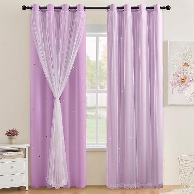 XiDi Light Purple Blackout Curtains for Kids Girls Bedroom 2 Panels 96 Inches Long Star Cut Out Nursery Curtain Princess Mermaid Wall Decor Room Darkening Double Layer Window Drapes Grommet W52 x L96