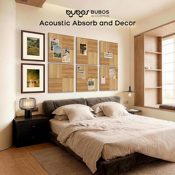 BUBOS 6 Pack Acoustic Wall Panels - High-Density Polyester Sound Absorbing Panels, Decorative Wood Print Treatment for Recording Studio & Home Office, Peel and Stick, 23.6" x 23.6"